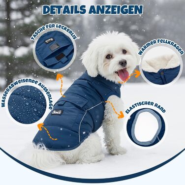 Зимовий одяг для собак LowTon Hund: тепла куртка з флісовою підкладкою, світловідбиваючими смугами та кишенями, водовідштовхуюча, для маленьких та середніх собак (темно-синій, XXL)