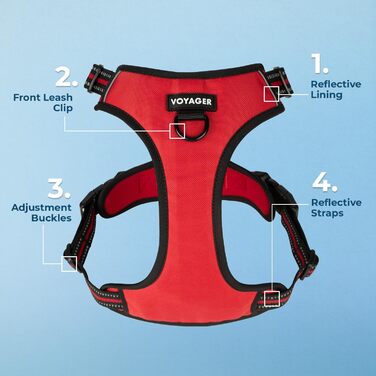 Регульована шлейка для собак Voyager Von Best Pet Supplies з 3M-рефлектором, подвійне кріплення, проти ривків, червона