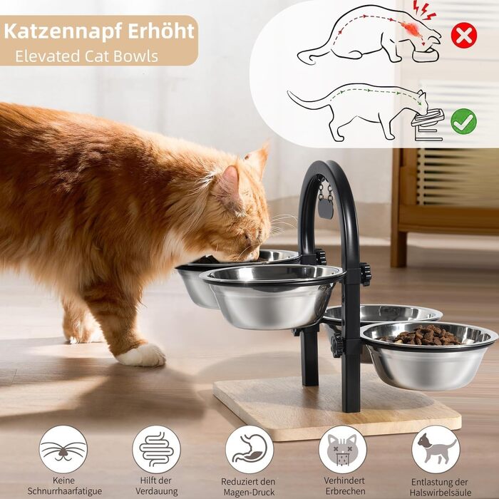 Підвищений годівниця для котів JUJOYBD з 4 нержавіючими мисками, регульована висота, станція годування, миски для їжі та води для котів та маленьких собак
