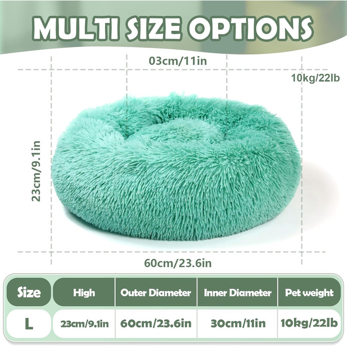 Кругле ліжко для собак та котів середнього та великого розміру, 70 см, MDDK, плюшеве, антиковзаюче, 60x60x20 см, темно-зелене