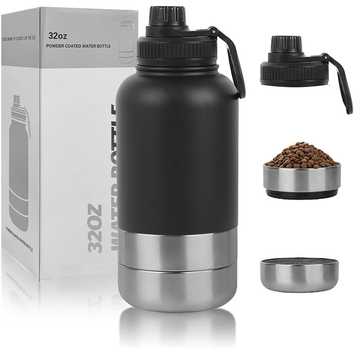 32oz (950 мл) Багатофункціональна пляшка для собак: поїльник, миска для їжі та води, з нержавіючої сталі 304, ізольована, для подорожей, активного відпочинку та прогулянок