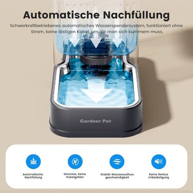 Автоматична поїлка для собак та котів Gardner Pet 8.5л, нержавіюча сталь, гравітаційна, безшумна, сіра. Поїлка та годівниця 2в1, BPA-free
