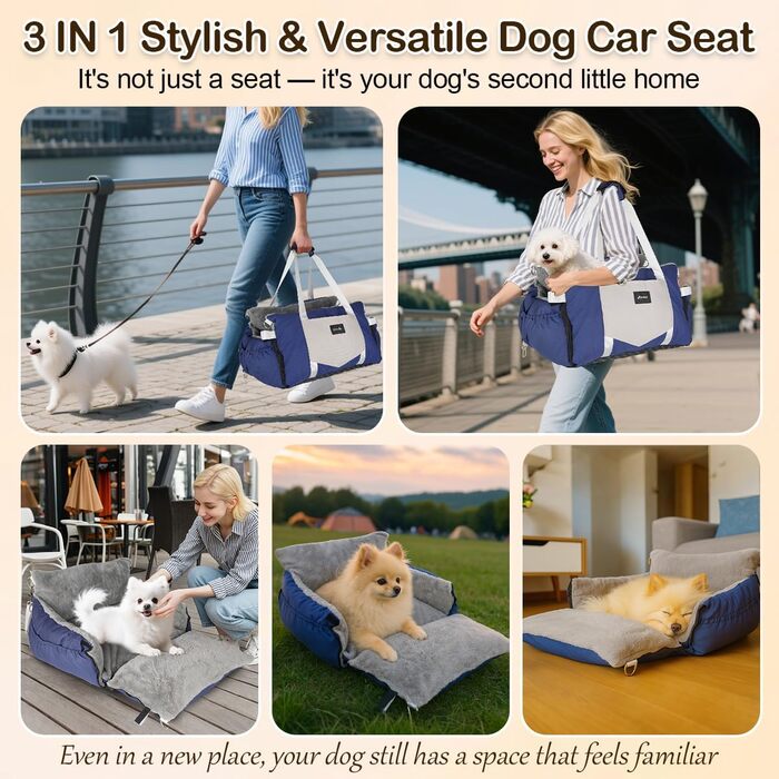 Автомобільний лежак для собак 3-в-1 - переносна ліжко для маленьких собак, з м'яким килимком, для переднього або заднього сидіння, внутрішнє та зовнішнє використання (04-Блакитний)