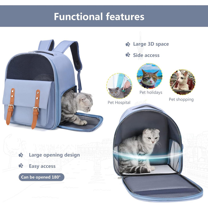 Рюкзак для собак та котів PETCUTE до 8 кг, з внутрішньою страхувальною лінією, дихаючий, з вікном, знімний килимок, блакитний