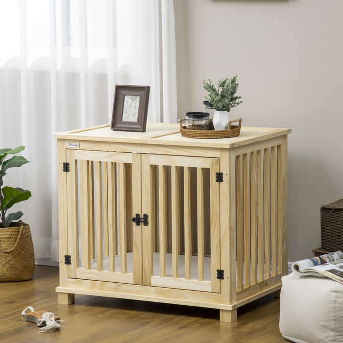 Pawhut Dog Cage Клітка для середніх собак з подушкою Будка для собак з натурального дерева в кремово-білому кольорі 82,5x57x72см