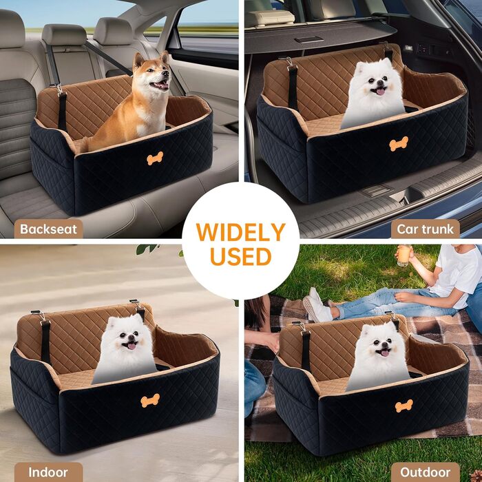 Підвищення для автокрісла для собак великих порід, для собак до 25 кг або 2 маленьких собак, м'яке авто-ліжко для собак з товстого Memory Foam, 2 страхувальні ремені та сумка для зберігання (Коричневий/Чорний)