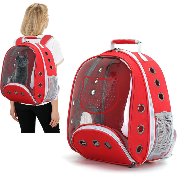 Рюкзак для котів та маленьких собак PETCUTE, дихаючий, знімний килимок, до 6 кг, з прозорим вікном, для подорожей (темно-червоний)