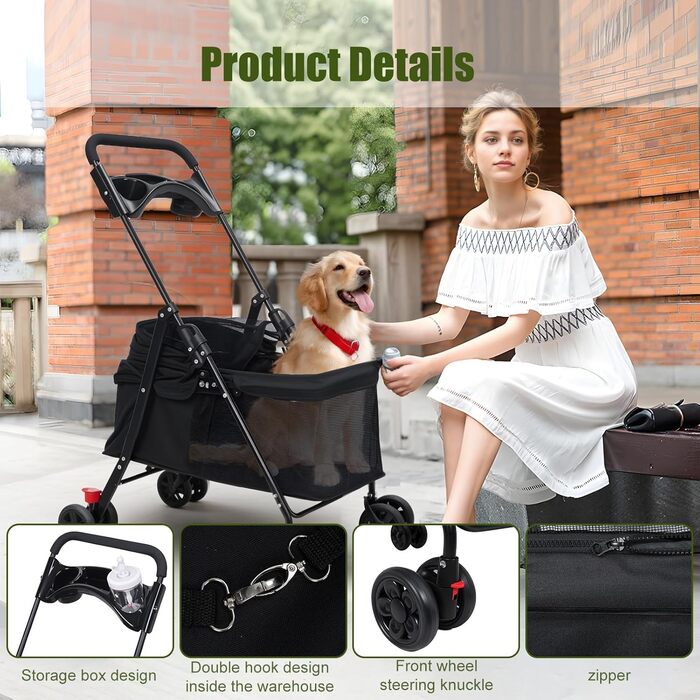 Чотирьохколісний візок для собак, переноска для собак, чорний