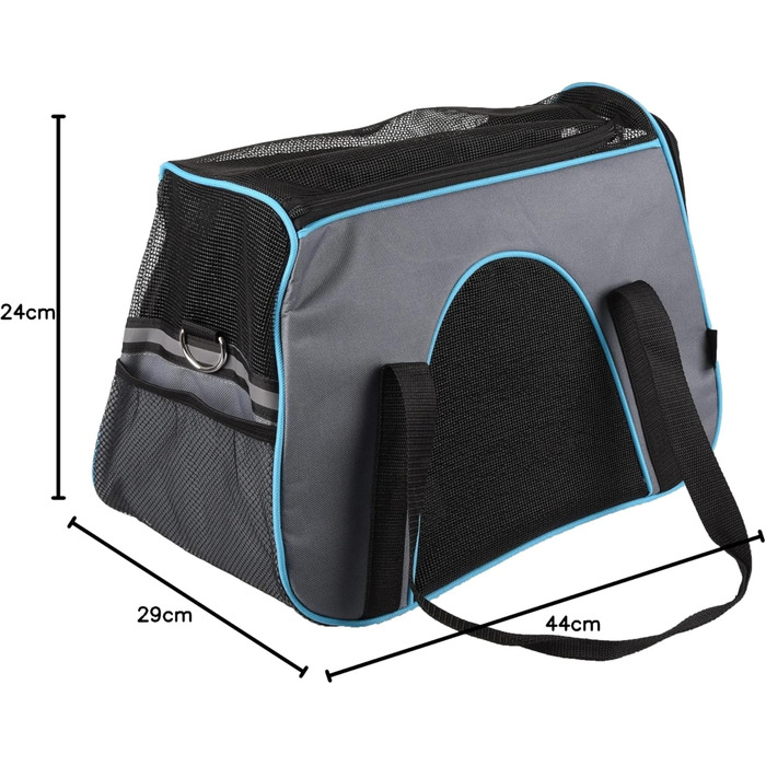 Сумка для собак Леона сіра – 44x24x29 см – поліестер, світловідбиваючий, знімний дно, страховка, ручки, ремінь на плече, легка у догляді