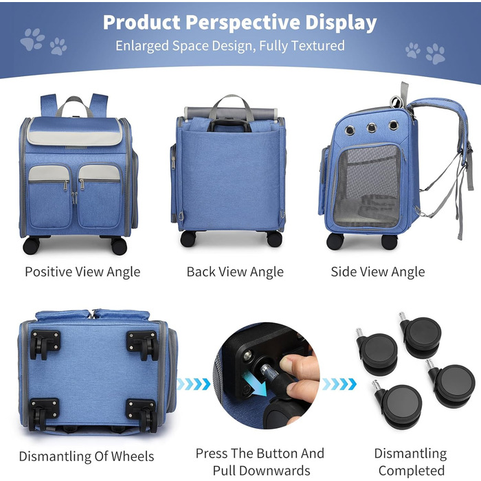 PETCUTE Рюкзак-переноска для котів та собак з візком 2 в 1 до 11 кг, складаний, з підкладкою, багатофункціональний, дихаючий, для подорожей (Блакитний)