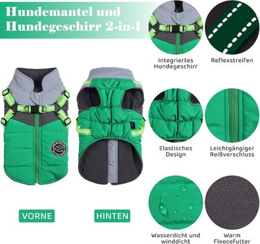 Водонепроникний зимовий теплий дощовик для собак Savlot - вітрозахисна куртка для собак маленьких та середніх порід з шлейкою, світловідбивачі (S, зелений + сірий)