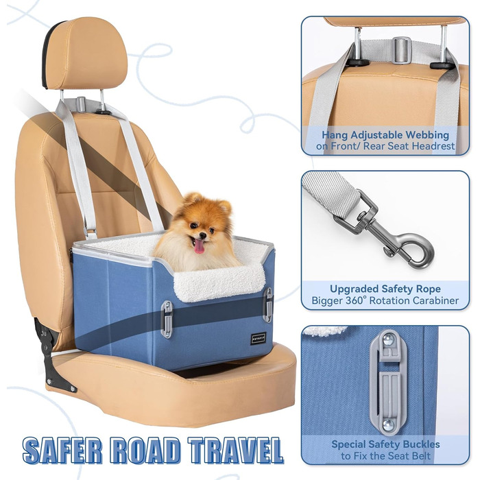 Клітка для собак Petfit у машину для маленьких собак, безпечна та стабільна, автокрісло для собак з фіксатором ременя безпеки, кошик для собак, автоліжко знімні чохли (S, Navy Blue)