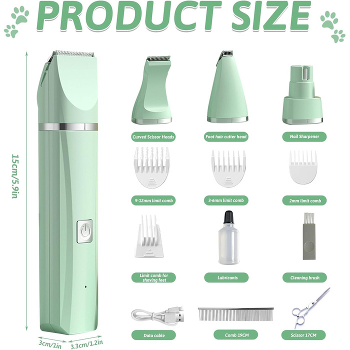 Машина для стрижки собак та котів 4-в-1, з 4 насадками, триммер для лап, точилка для кігтів, вологостійка, для тіла, обличчя, зеленого кольору