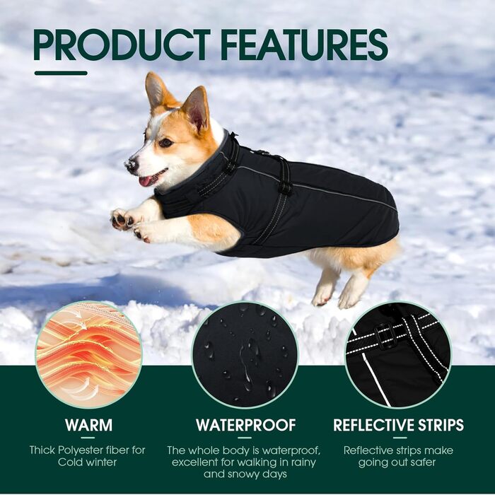 Водонепроникний теплий зимовий пуховик для собак середнього розміру Kuoser, чорний, M (Обхват грудей: 53 см, Обхват шиї: 38 см)