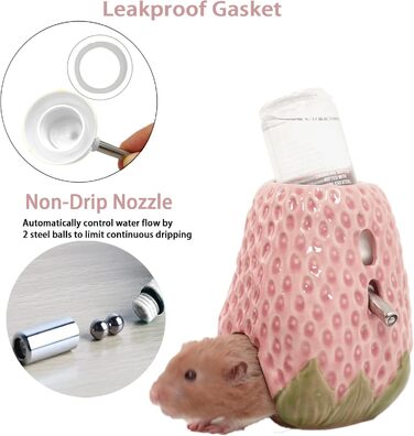 Келіві Водяна пляшка для хом'яків, керамічна, у формі полуниці, 80 мл, з двома некраплями, для сирійських хом'яків, мишей, ґризунів (червона)