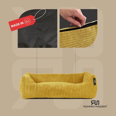 Ляжка для собак | для маленьких собак | з подушкою Cord | знімний чохол | з мискою для корму (55 x 42 см, гірчичний)