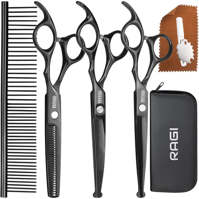 Набір професійних ножиць для собак RAGI - 4 шт. - ножиці для стрижки собак, вигнуті - ножиці для собак з круглим кінчиком - для собак та котів - чорного кольору