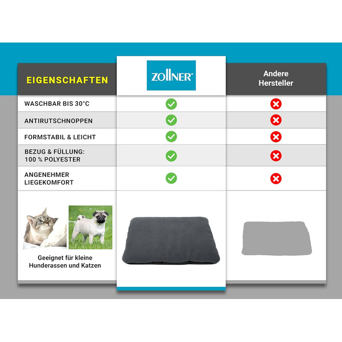 М'яке ліжко для собак та котів Zollner, сіре - 58x36 см, миється до 30°C, антиковзаючі підкладки
