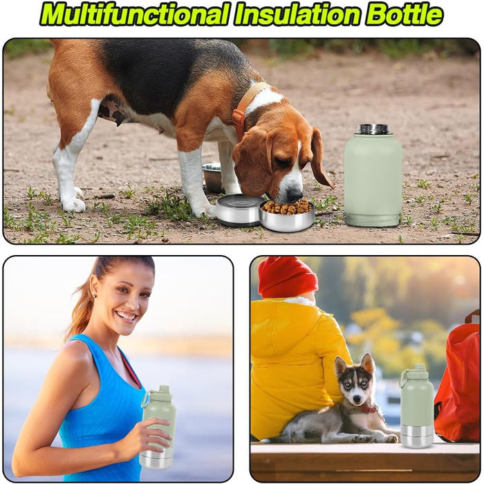 Водяна пляшка для собак на прогулянці, 950мл, з мискою, з нержавіючої сталі, термопляшка для собак, для подорожей та активного відпочинку (Зелена)