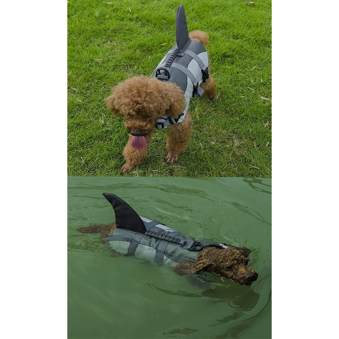 Жилет для плавання собак Aokay Shark, розмір M, сірий. Безпечний рятувальний жилет для собак з міцною ручкою.