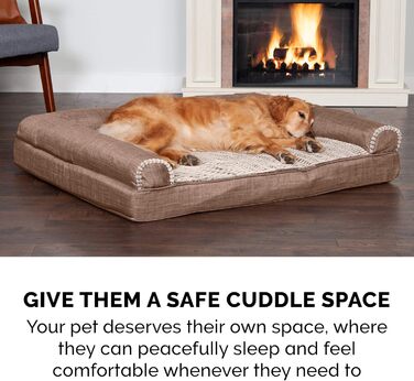 Лежак для собак і котів Furhaven Sofa, охолоджуючий гель, ортопедична піна, плюш, знімний чохол, велика, Woodsmoke