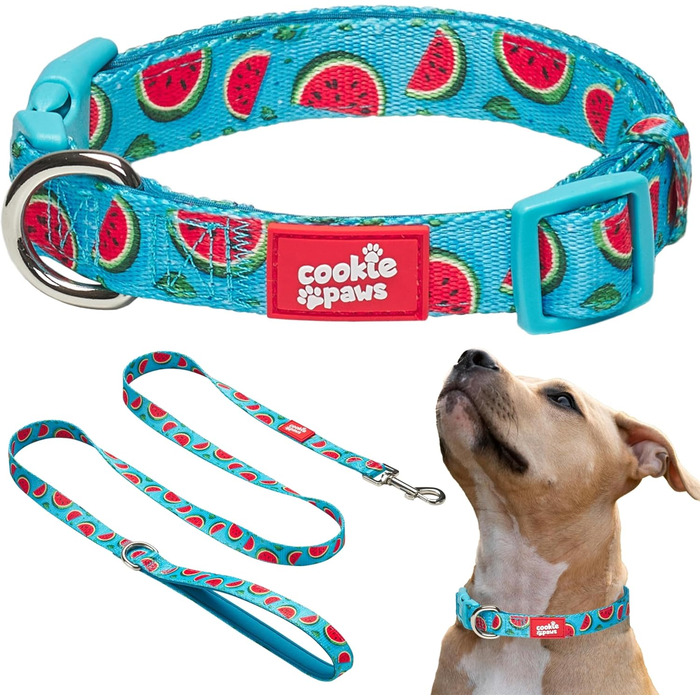 Нашийник і повідець для великих собак Cookie Paws, нейлоновий з м'яким неопреном, регульований, з швидкозастібкою, дихаючий, легкий у догляді, стильний дизайн «Кавун»