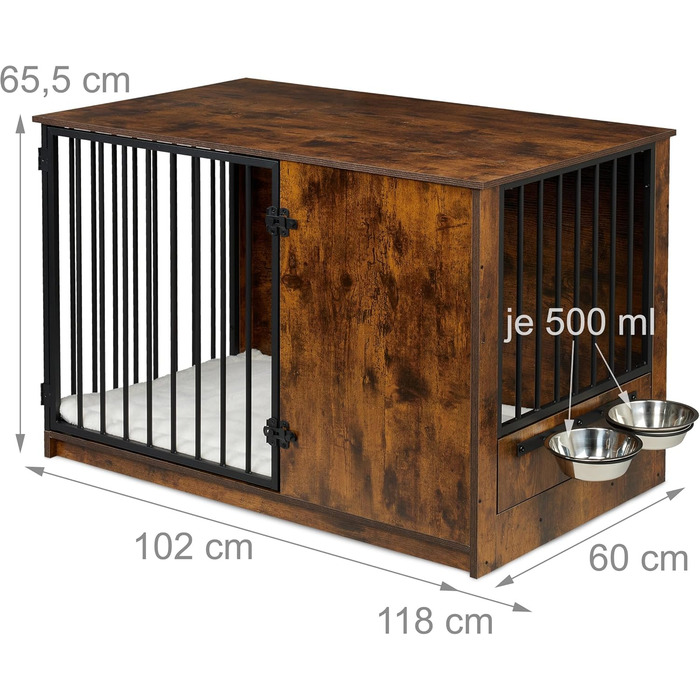 Клітка для собак Relaxdays, для дому, HBT: 65,5x102x60 см, 2 поворотні миски, собача будка з виглядом дерева, МДФ & сталь, (Коричневий/Чорний)