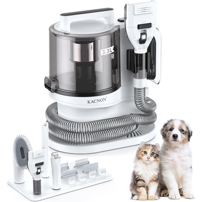 Набір для догляду за тваринами KACNON: шерстьосав'ювач та пилосос 3.3L, 13kPa. Безшумна машинка для стрижки собак та котів. Електрична щітка для тварин. Білий колір