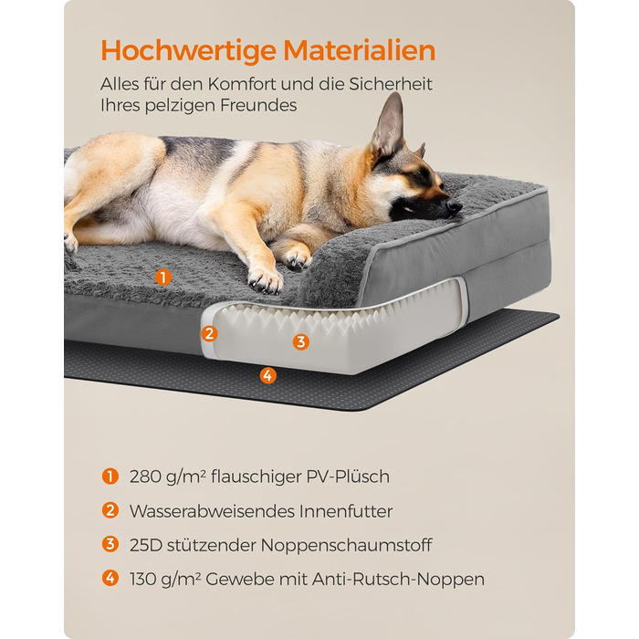 Ортопедичне ліжко для собак Feandrea, середнього розміру, водонепроникне, знімний плюшевий чохол, 91 x 68 x 16 см, PGW252G02 (XXL 122 x 85 x 16 см, сірий)