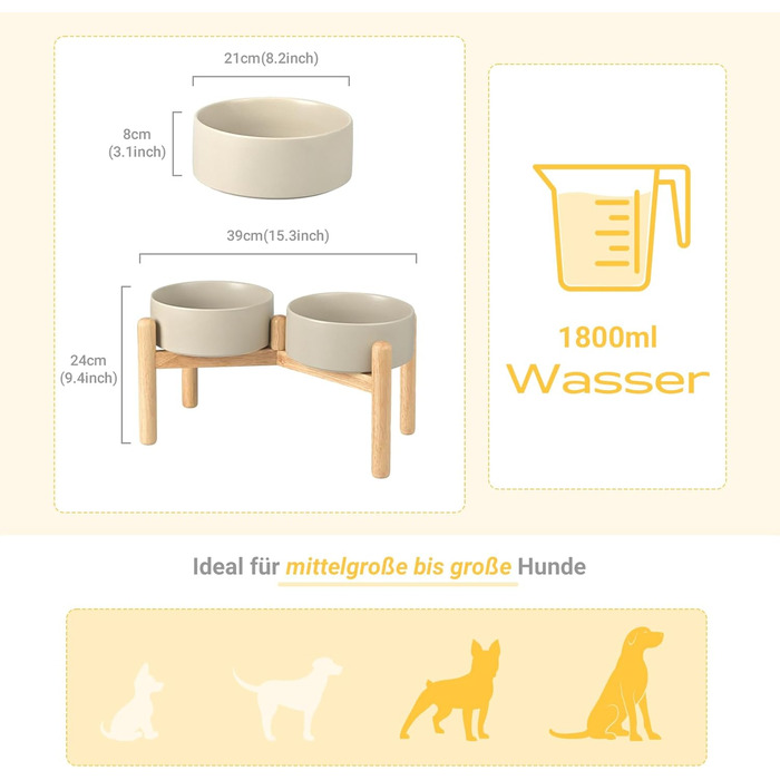 Миска для собак SpunkyJunky з кераміки, піднята годівниця, 1800 мл, сіра