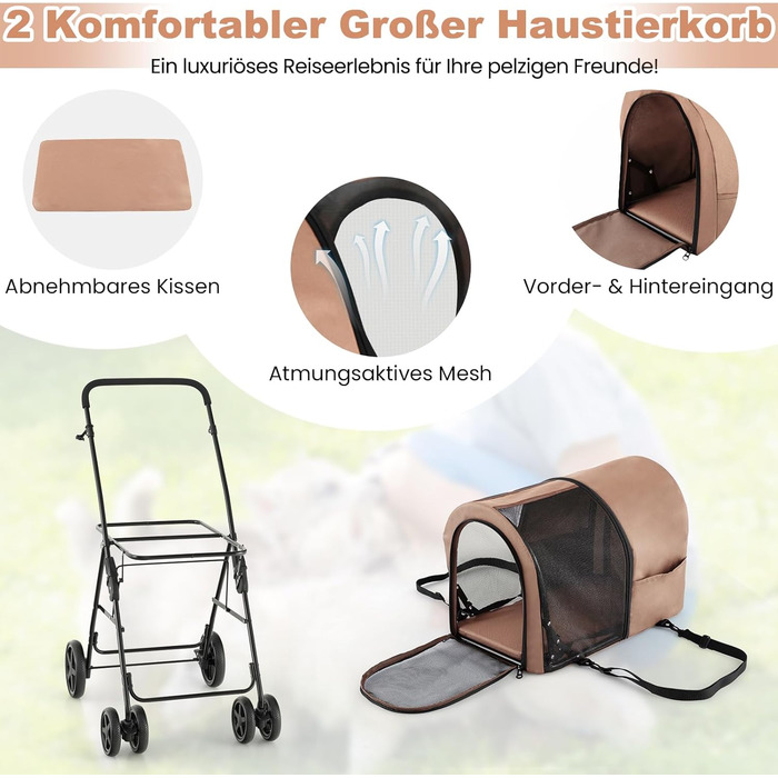 GYMAX Складаний візок для собак, буги для тварин з 2 знімними кишенями, візок для собак з передніми та задніми дверцятами, переноска для домашніх тварин з сітчастою тканиною та колесами з гальмом, переноска для собак та котів (Бежевий)