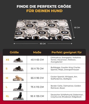 Лежак для собак HS-Hundebett, двосторонній, 65x95 см, антрацит, м'який наповнювач 3 см, для дивану, авто та перенесення, Mandala, вироблено в Німеччині