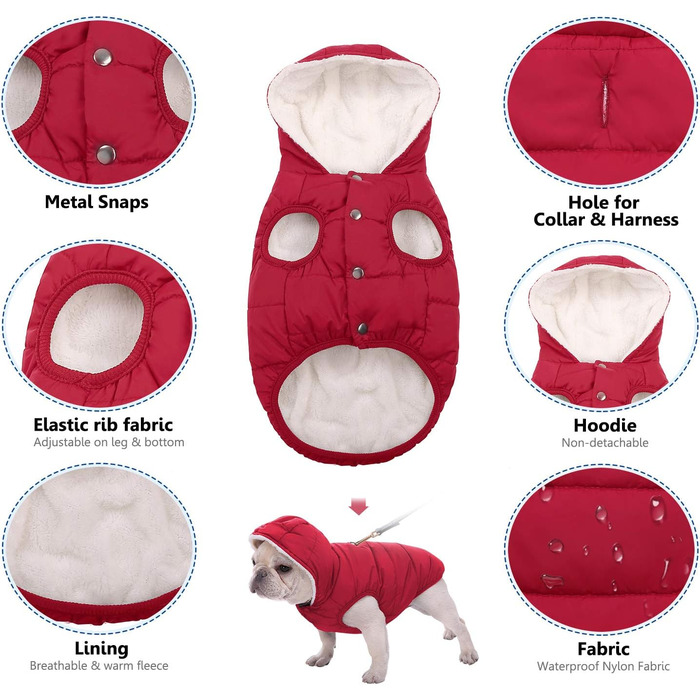 Теплий флісовий худі для собак SAWMONG, вітро- та водонепроникний, з підкладкою з флісу та бавовни, для великих та середніх порід, червоний (S)