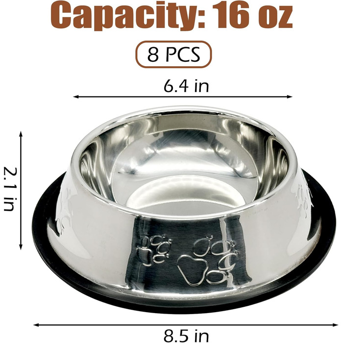 Набір мисок для корму для собак і котів з нержавіючої сталі, 8 шт., 16oz, стекуються, неслизькі, для тварин