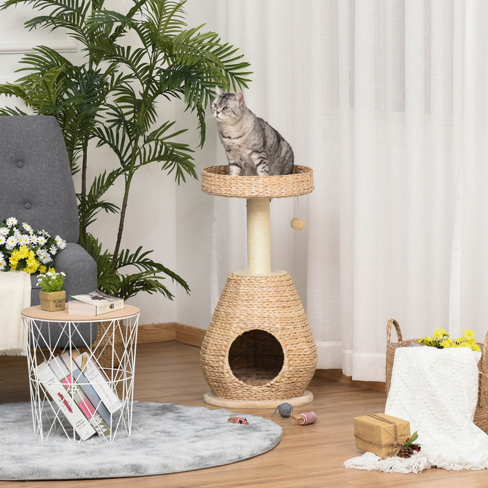 PawHut Cat Tree з котячою печерою 82,5H см, іграшка з сизалю та м'ячем для маленьких котів, стайня та кольорова в жовтому кольорі