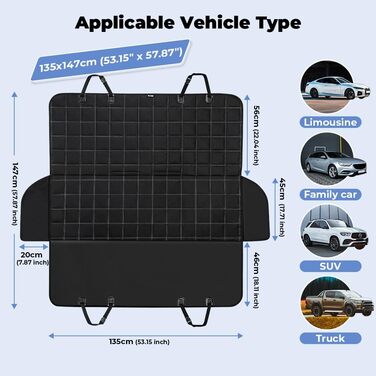 KYG Деки для собак у машину, 4-в-1, 135x147 см, чорний: захист сидіння, водовідштовхувальний, антиковзаючий