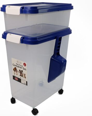 DIVCHI Контейнер для зберігання корму для тварин 3в1 з мірною ложкою, синій. Підходить для собак, котів та інших тварин. Герметичний, з роликами, для сухого корму.