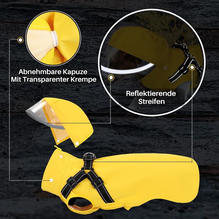 Водонепроникний дощовик для собак Eyein з капюшоном та кріпленням для шлейки, з світловідбиваючими елементами та дихаючою підкладкою, для малих, середніх та великих собак