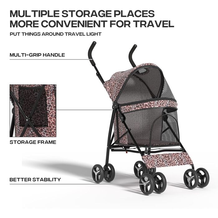 Візок для собак маленьких порід, 4,5-10 кг, візок для цуценят, візок для середніх собак, візок для котів, візок для 2 котів, з багажником, леопардовий принт
