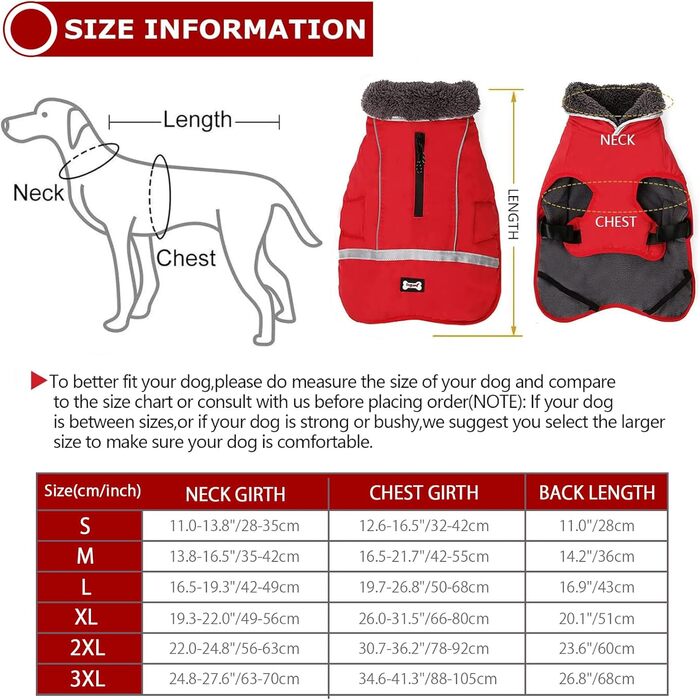 Зимовий одяг для собак QBLEEV: тепла, водонепроникна куртка з флісовою підкладкою, накидка для холодної погоди, червона, для всіх розмірів, обхват грудей 50-79 см