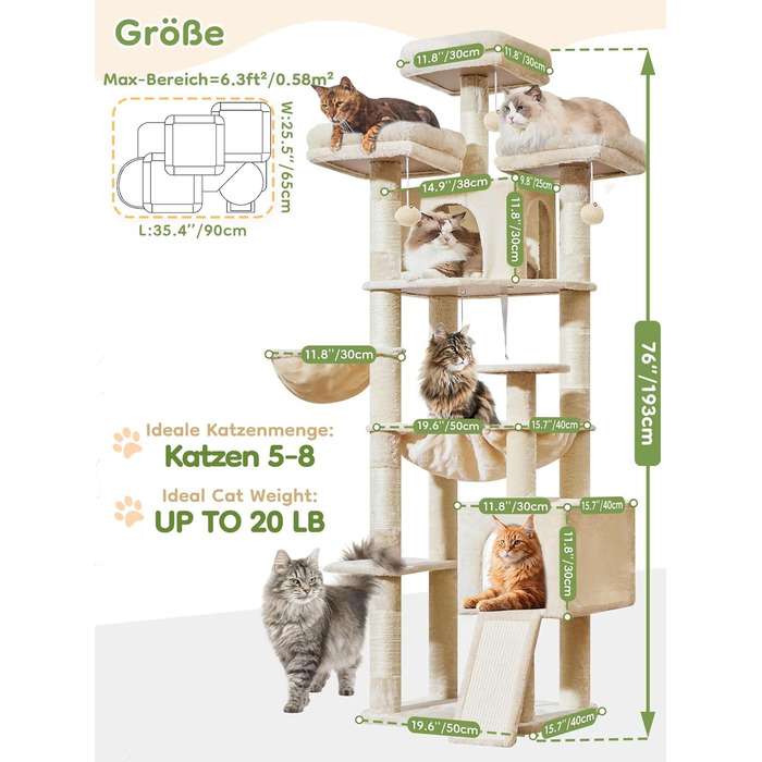 Дерев'яний комплекс для котів Taoqimiao 193 см, великий, з будиночками, лежаками, гачком та когтеточками (MS047G, сірий/бежевий)