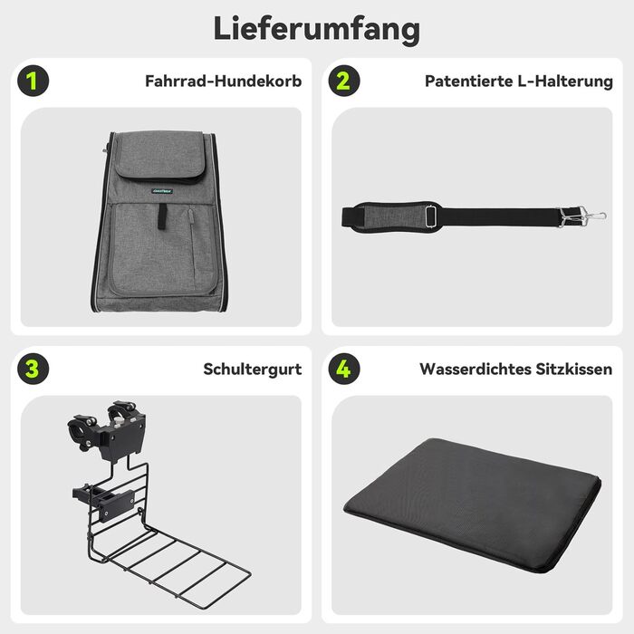 Корзина для собак на велосипед до 10 кг з міцною L-подібною кріпленням Φ80mm, складана, дихаюча, 4-в-1 (рюкзак, сумка через плече, автокрісло), з комфортним подушкою та світловідбиваючими смугами