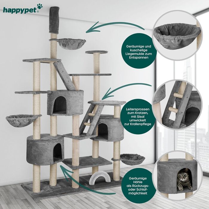 Дряпак для котів HAPPYPET Simba XXL до стелі 260 см, сірий, з будиночками, сходами, лежанками, 9 см стовпи, стабільний, багато аксесуарів