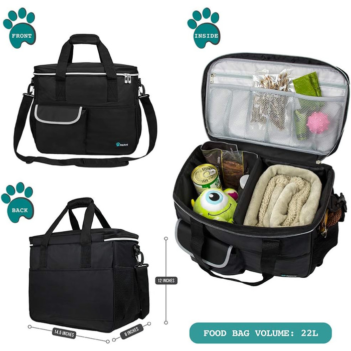 PetAmi Сумка-органайзер для собак та котів, дорожня сумка для годування з контейнерами та мисками, аксесуари для подорожей, подарунок для кемпінгу, сумка для переодягання (середня) - 14.5L x 8W x 12H, Чорний