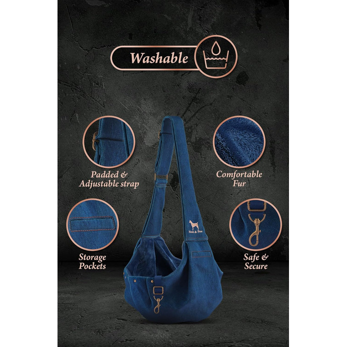 Трасик для собак Noah & Paw: переноска для маленьких собак до 5 кг, преміум денім, регульований ремінь, м'яке хутро, подвійний захист