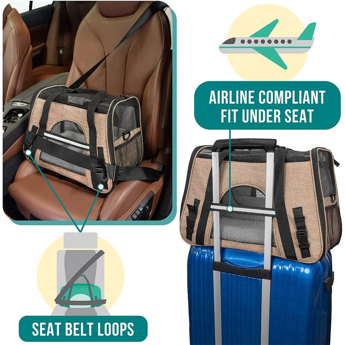 PetAmi Преміум переноска для тварин, схвалена авіакомпаніями | м'яка, вентильована, комфортна, з функціями безпеки | для котів, собак та інших домашніх тварин, середніх розмірів, коричнево-сіра, велика (19.5'L x 10.2'W x 12'H)