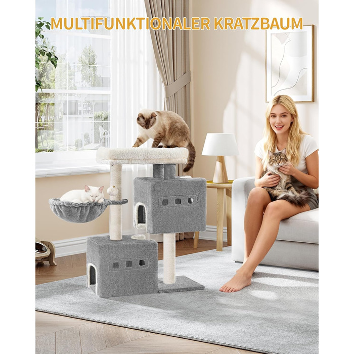 Дерево для кігтів Hzuaneri Kratzbaum 75 см, кігтеточка для котів з лежаком, будиночком, сизалевими стовпчиками та іграшками, сірий колір, MS07618LG