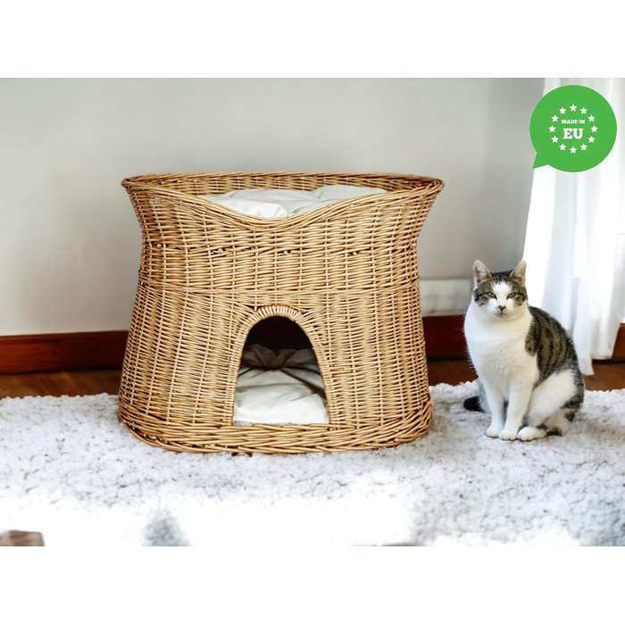 Кошик для котів для сну, котяча хата з лози, двоповерхове ліжко для котів і собак 60 см з м'якою подушкою, натуральний колір