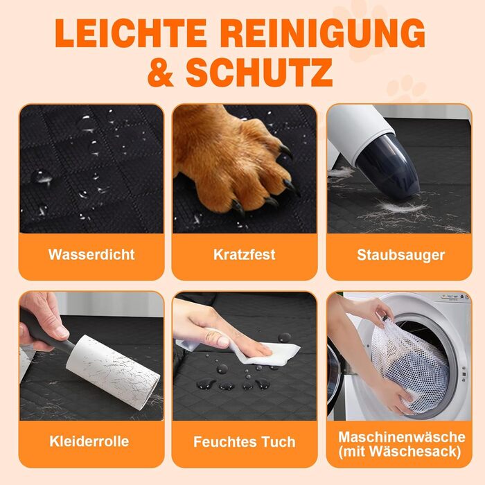 Килимок для собак у машину Neccis з знімною жорсткою основою, 136 x 61 см. Максимальне навантаження 150 кг, водонепроникний та стійкий до подряпин. Підходить для 95% легкових автомобілів, позашляховиків та вантажівок. Чорний+Помаранчевий.