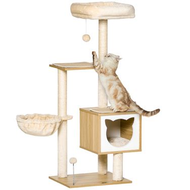 PawHut Cat Tree Бежева котяча печера з платформою висотою 126см з дерева та ДСП Сизаль для кішок